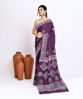 Purple Pure Light and Breezy Dabu Discharge Handblock Printed Premium Cotton Saree